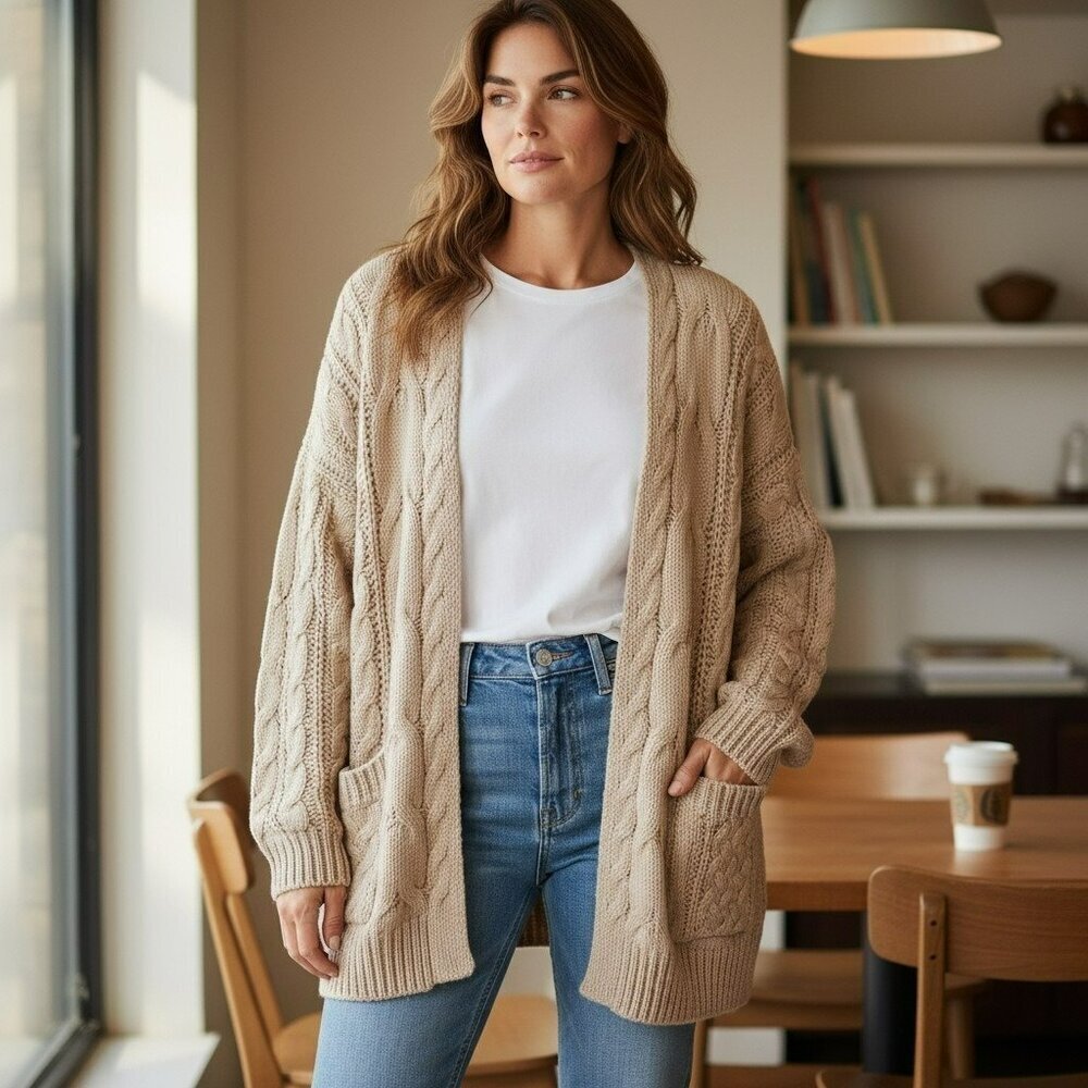 Moon & Madison Womens Large Lt Beige Chunky Cable Open Knit Cardigan Sweater